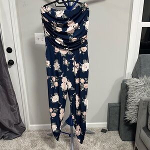 Heart & Hips Navy and Cream Floral Jumpsuit